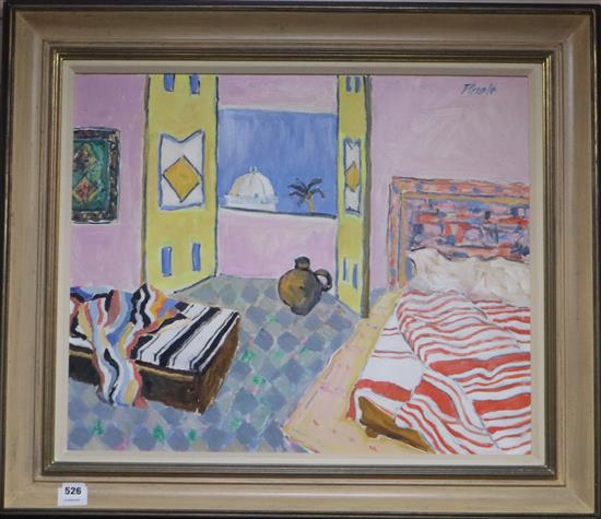 John Pawle (1915-2010), oil on board, Bedroom Chaouen, signed and inscribed verso, Fosse Gallery label